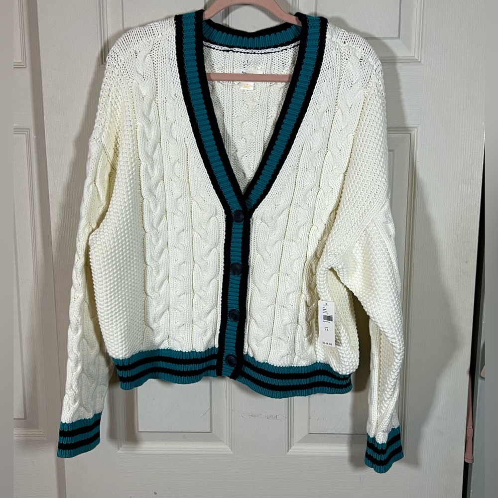 NWT Anthropologie Maeve Varsity Cable Knit button front sweater - Picture 2 of 4